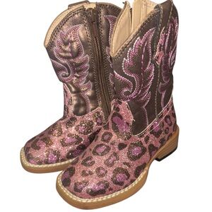 New Roper Animal Print Pink Sparkle Cowboy Boots 5